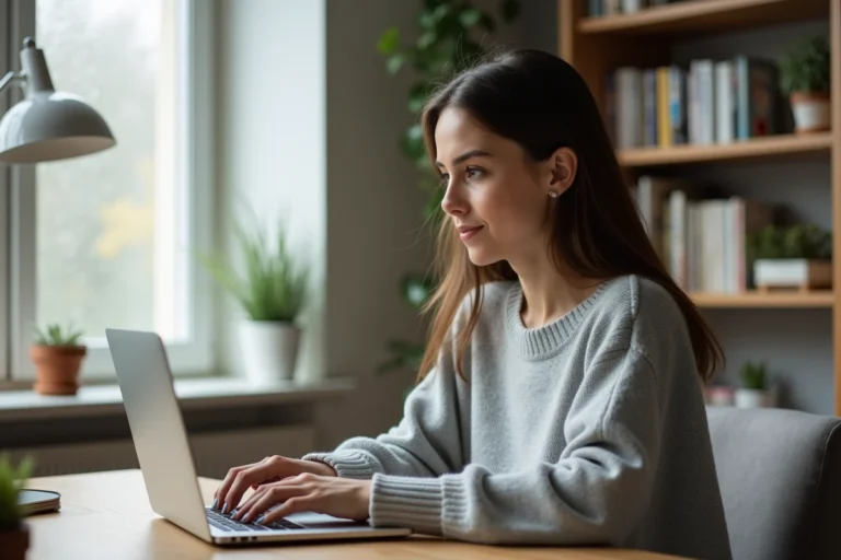 Jeune femme accédant à son compte académique sur un ordinateur portable dans un bureau à domicile