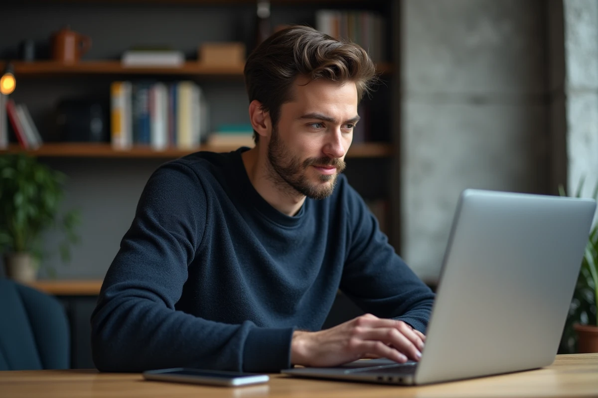 Homme passionné de technologie consultant les dernières actualités geek sur son ordinateur portable dans un bureau moderne