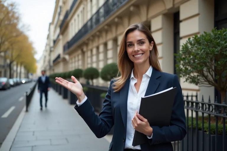 Agent immobilière devant un immeuble haussmannien à Paris tenant un dossier de bien immobilier