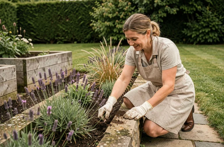 Femme aménageant un jardin avec des lavandes et des graminées ornementales sur un chemin en pierre