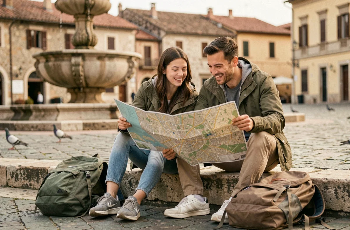 Deux amis voyageurs consultant une carte papier sur les marches d'une place historique européenne en riant
