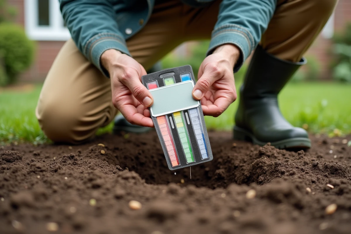 Jardinier analysant la texture et le pH du sol avec un kit de test colorimétrique avant d'aménager sa pelouse