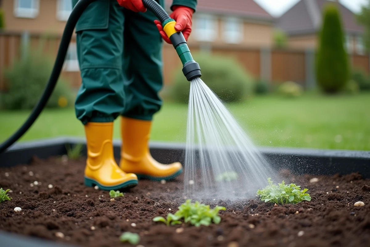 Jardinier arrosant en pluie fine une parcelle fraîchement semée en herbe sans déplacer les graines de gazon