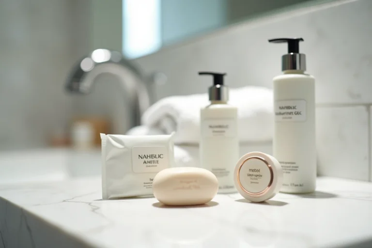 Articles de toilette gratuits alignés sur un comptoir en marbre blanc dans une salle de bain d'hôtel moderne