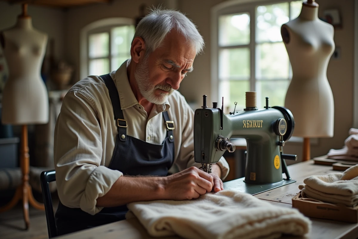 Artisan cousant à la machine dans un atelier lumineux