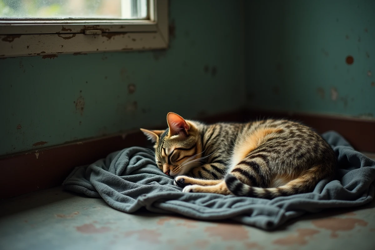 Chat senior tacheté couché sur une couverture usée