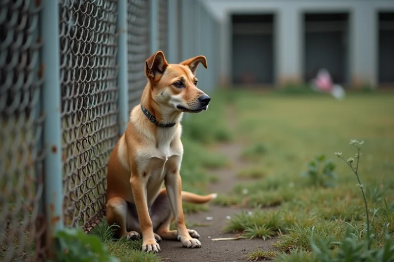 Jeune chien croise sans abri près de la clôture rouillée