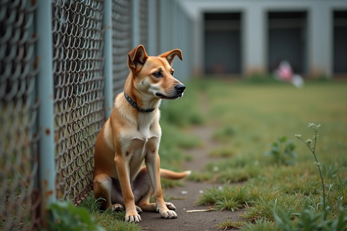 Jeune chien croise sans abri près de la clôture rouillée
