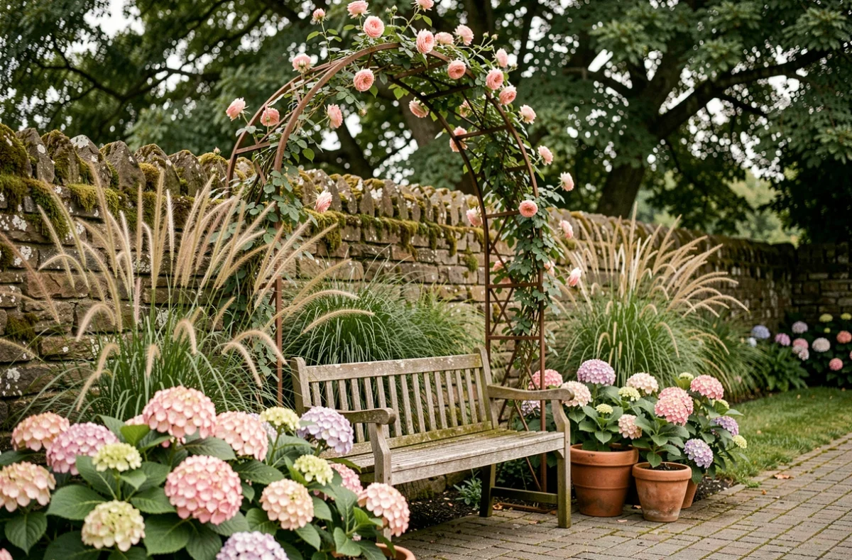 Coin de jardin harmonieux avec un banc en bois, des hortensias et une arche en fer couverte de rosiers grimpants