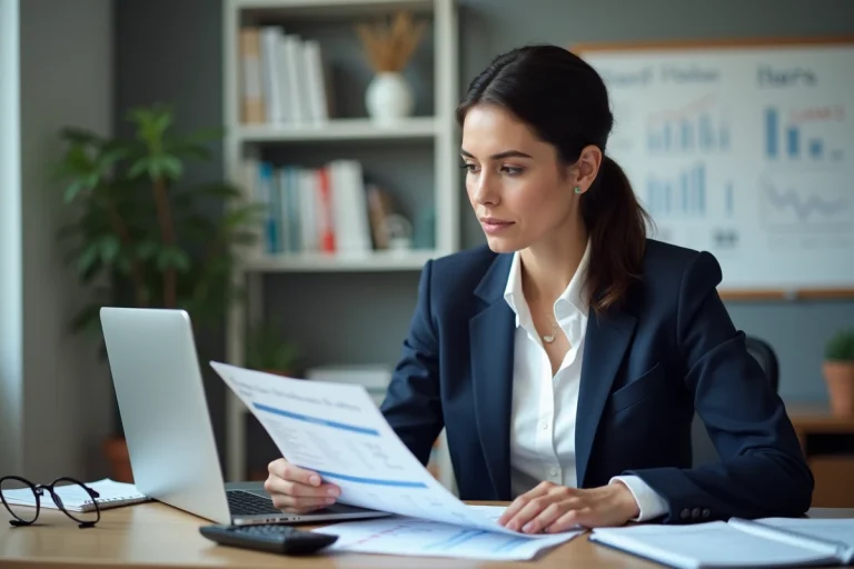Comptable professionnelle examine un bilan dans un bureau organisé