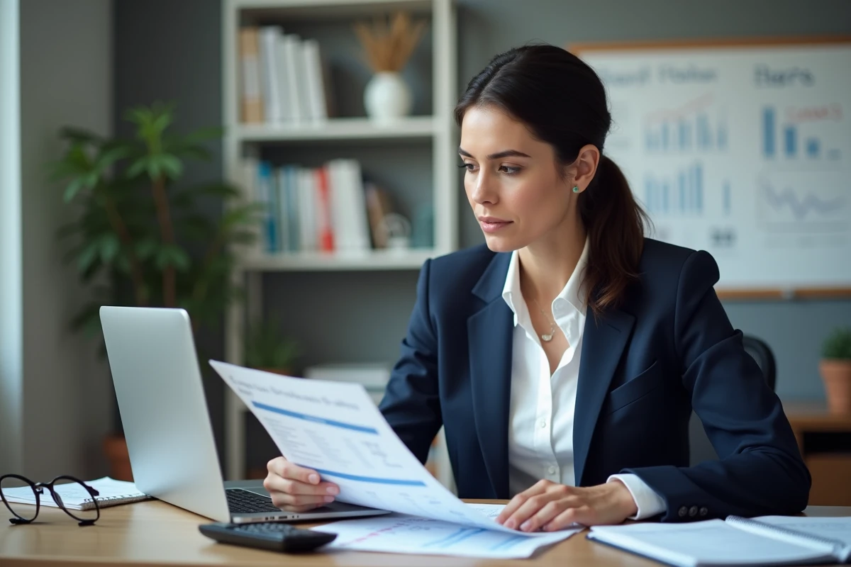 Comptable professionnelle examine un bilan dans un bureau organisé