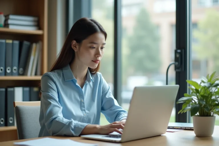 Femme connectée à sa messagerie académique Aix-Marseille sur un ordinateur portable dans un bureau universitaire