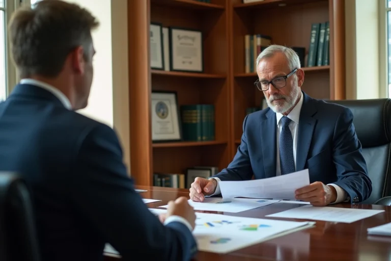 Conseiller financier expert discutant de la gestion de patrimoine avec un client dans un bureau professionnel haut de gamme