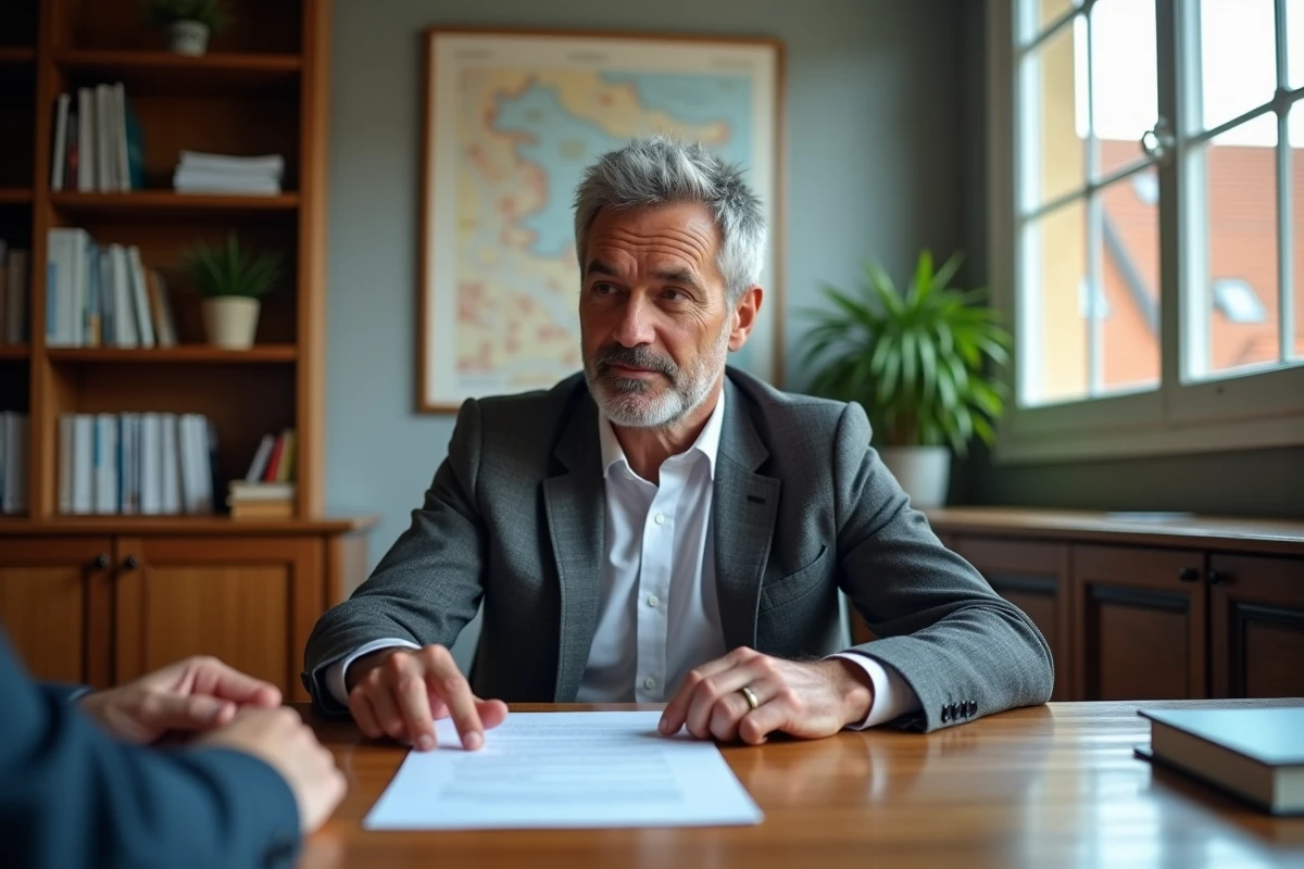 Conseiller financier immobilier en réunion dans un bureau de notaire à Bordeaux pour la signature d'un contrat de vente