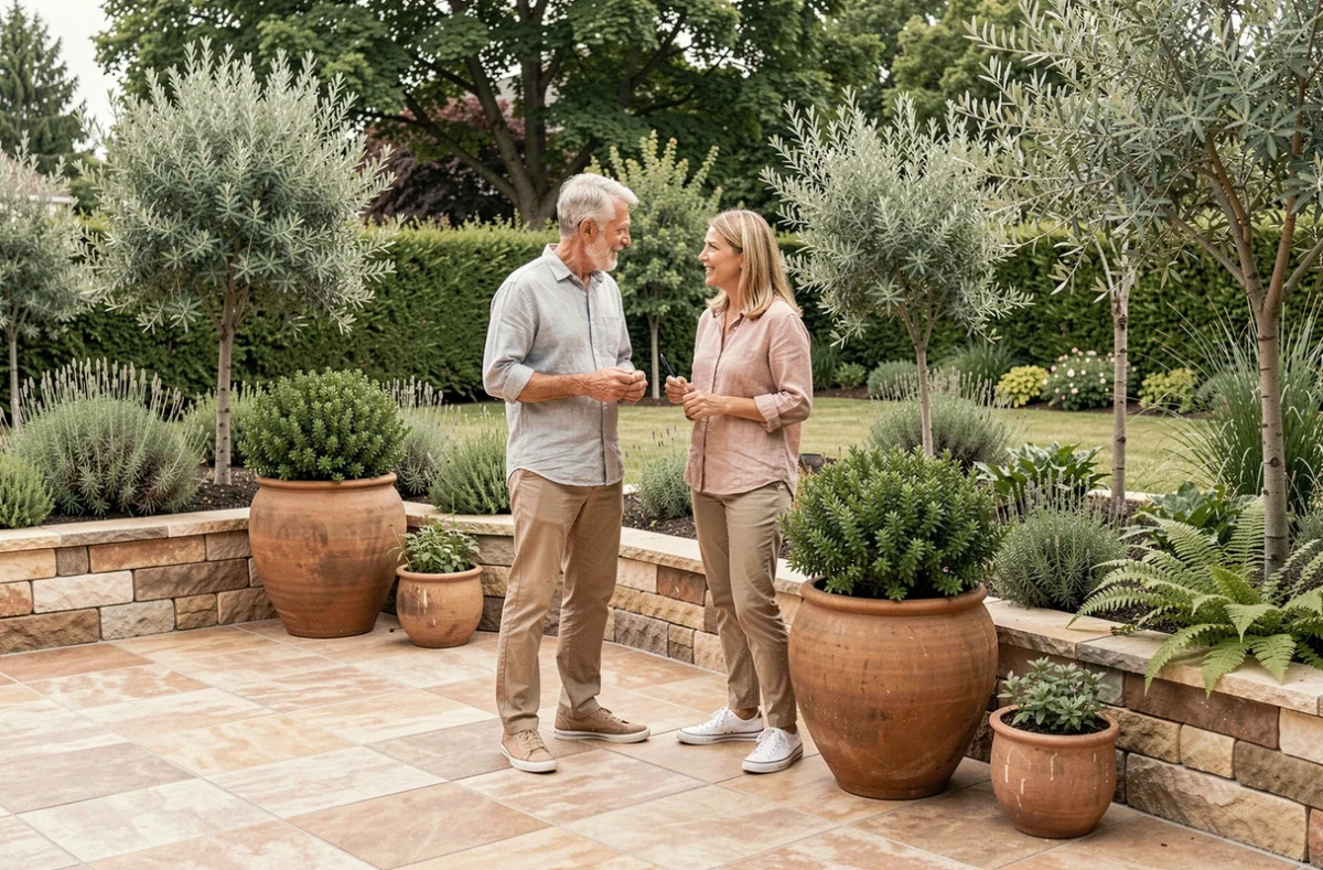 Couple aménageant une terrasse de jardin avec des jardinières en céramique et des arbustes méditerranéens