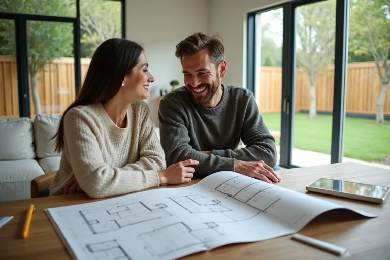 Couple souriant planifiant leur maison avec des plans