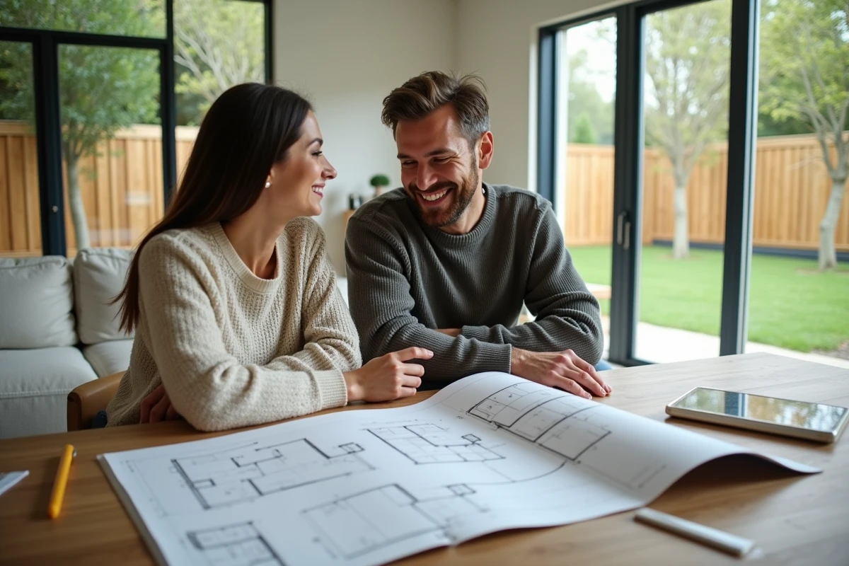 Couple souriant planifiant leur maison avec des plans