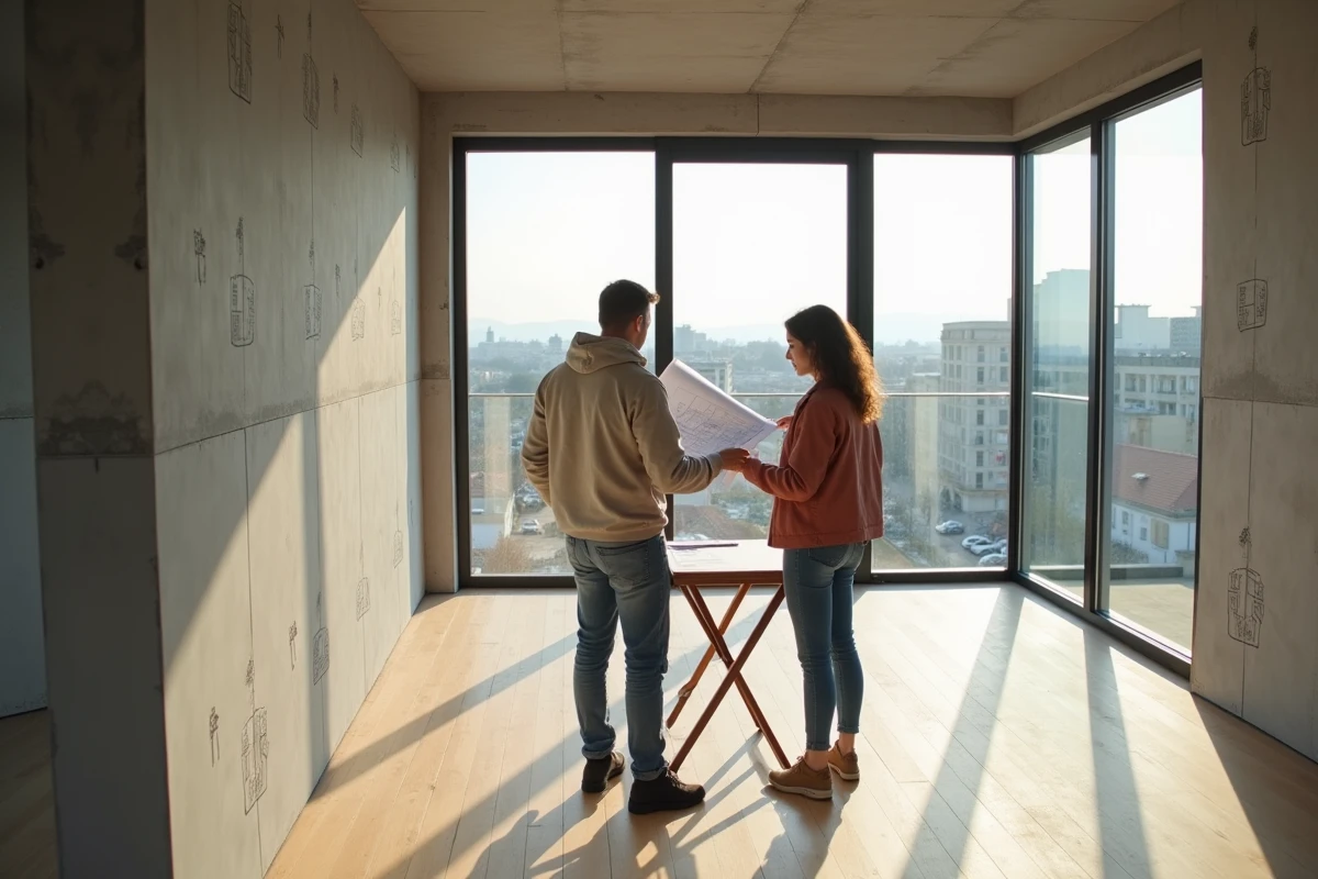 Jeune couple visitant un appartement neuf en cours de finition à Lyon pour un premier achat immobilier
