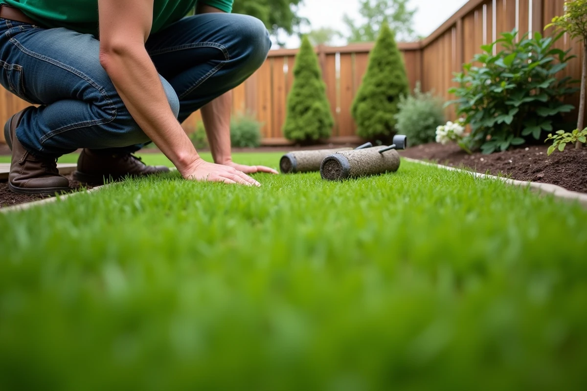 Vue grand angle d'un jardinier travaillant à la création d'un gazon parfait dans un jardin résidentiel verdoyant
