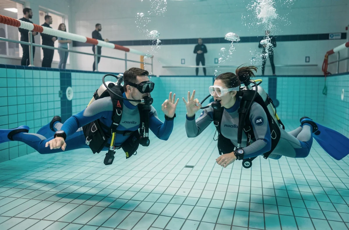 Deux plongeurs débutants en combinaison pratiquant la flottabilité dans une piscine de formation de plongée sous-marine, échangeant le signal OK