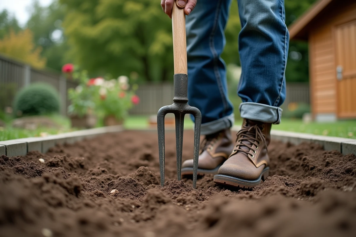 Jardinier utilisant une grelinette pour décompacter en profondeur un sol dense et tassé dans un potager