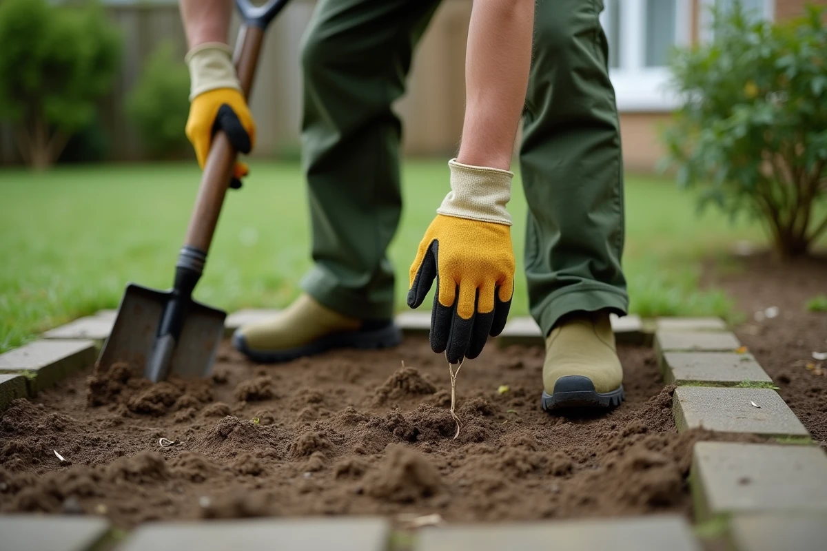 Personne désherbant mécaniquement une parcelle de jardin en retirant les mauvaises herbes à l'aide d'un outil manuel