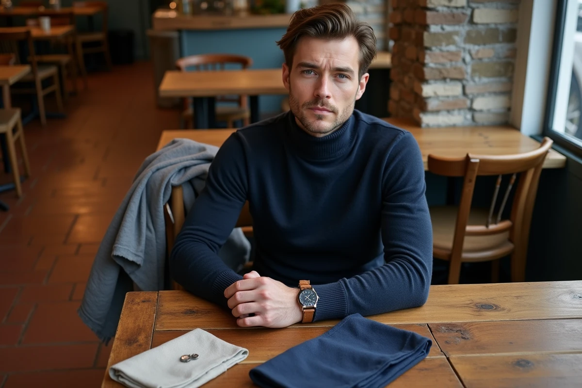 Homme dans un café parisien avec une disposition d'accessoires de mode séparés d'un vêtement en laine