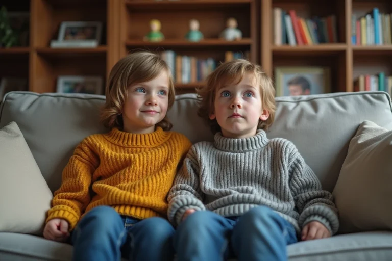 Enfants curieux regardant la télévision dans le salon