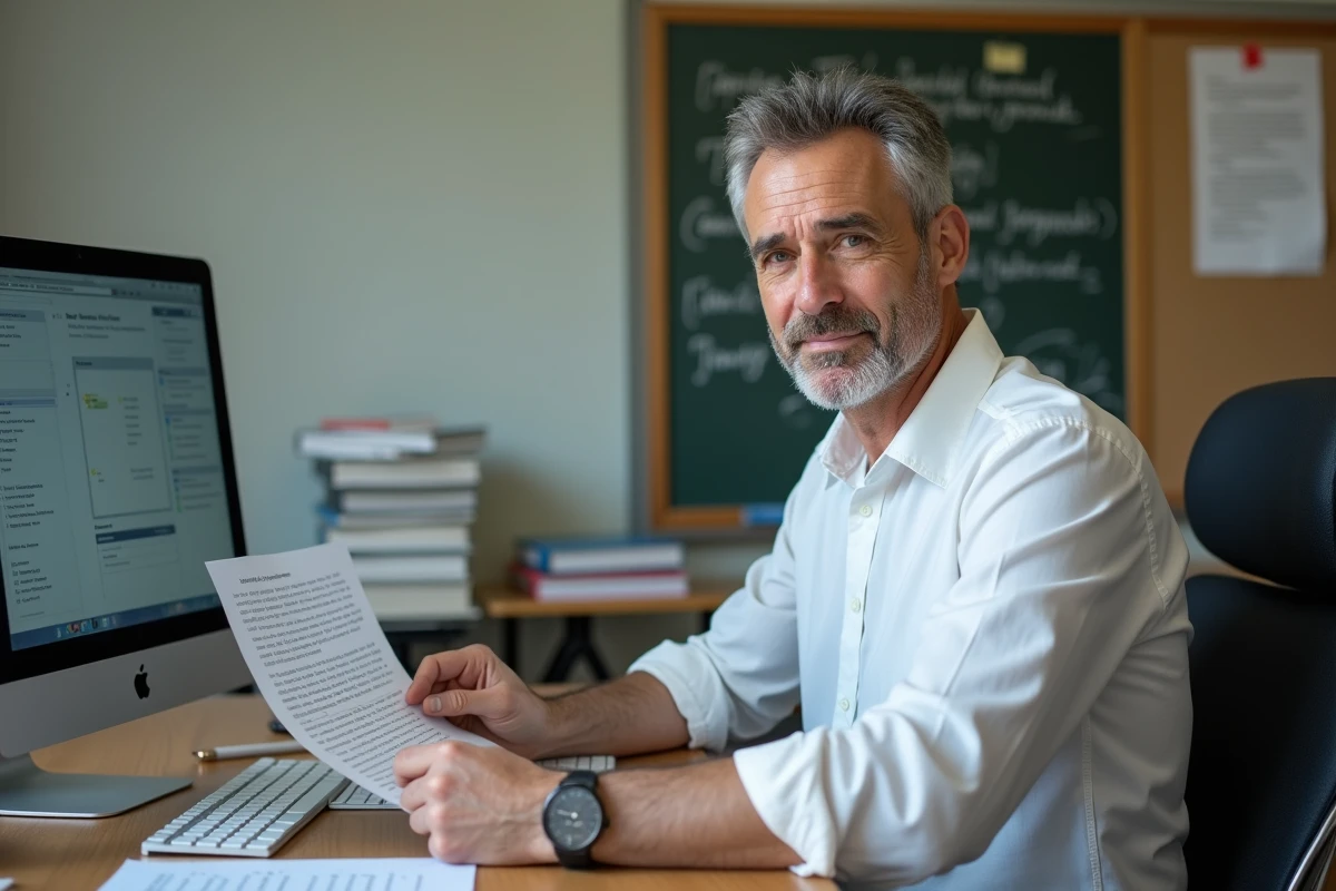 Enseignant consultant un guide d'accès à la messagerie académique Aix-Marseille devant un ordinateur de bureau