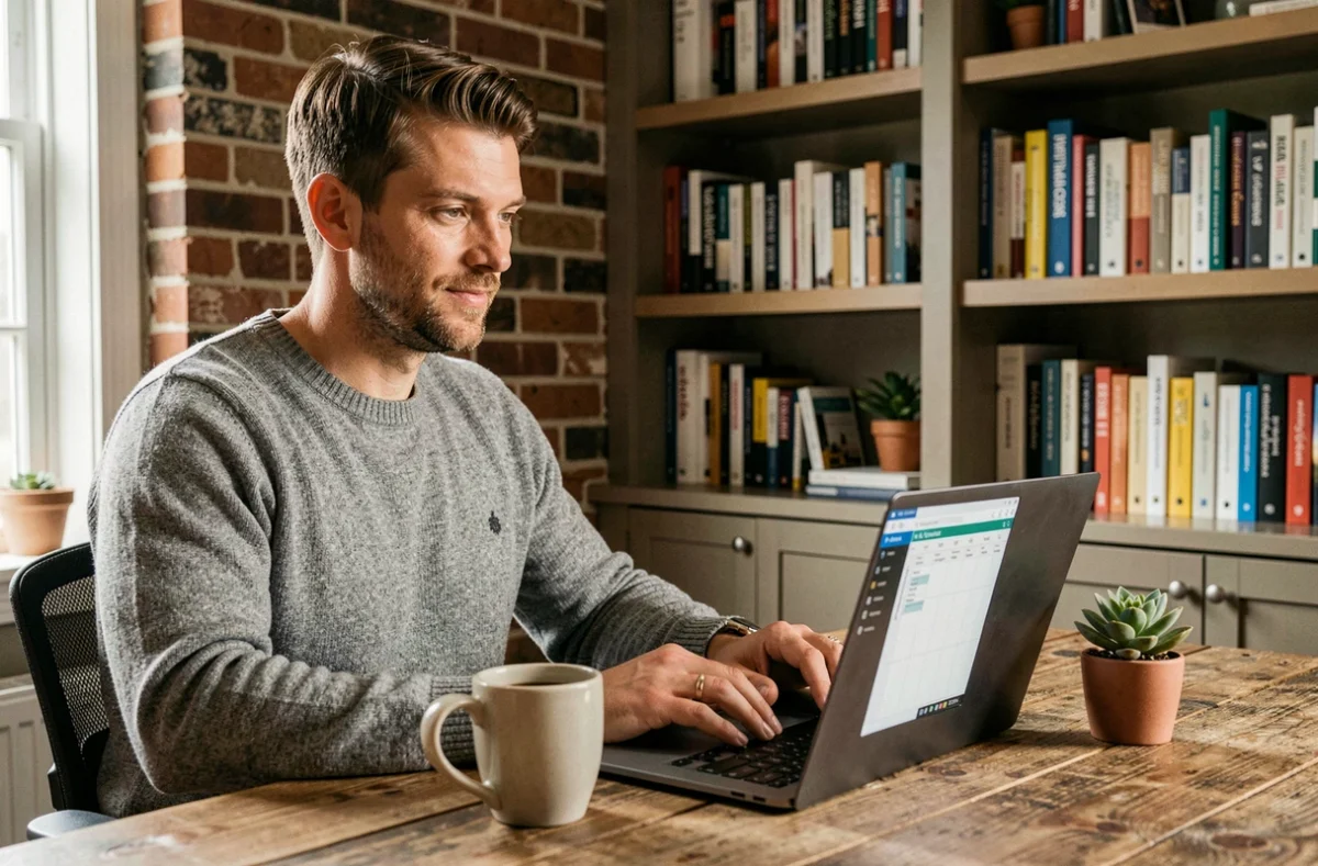 Entrepreneur en télétravail planifiant sa stratégie de marketing digital depuis un bureau à domicile
