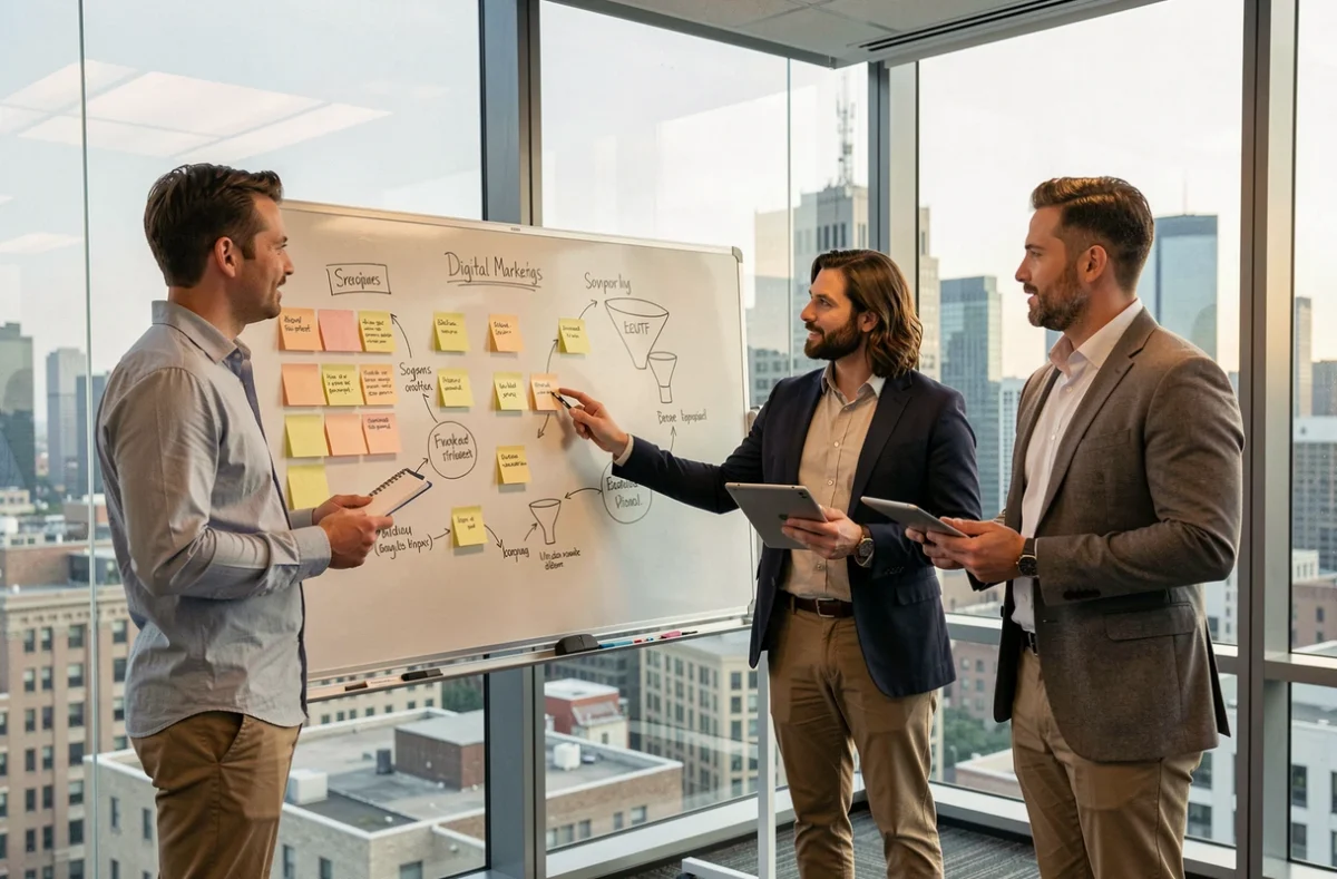 Équipe de professionnels élaborant une stratégie de marketing digital sur un tableau blanc en salle de réunion