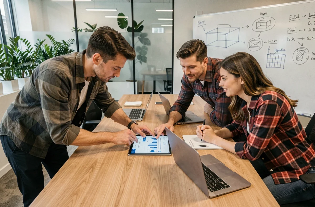 Équipe tech collaborant autour d'un tableau de bord numérique dans une startup moderne pour booster leurs projets en 2024