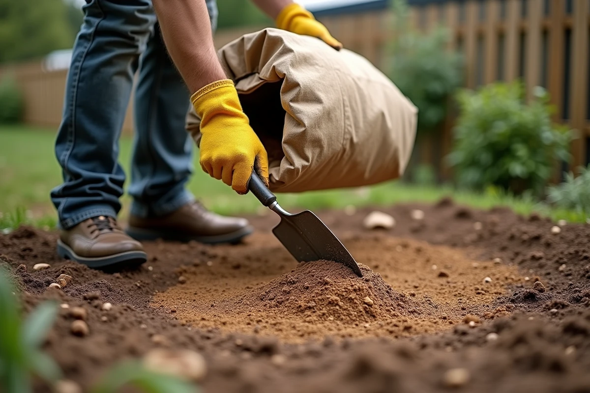 Jardinier étalant une couche de finition de terreau organique sur une parcelle préparée pour le semis de gazon