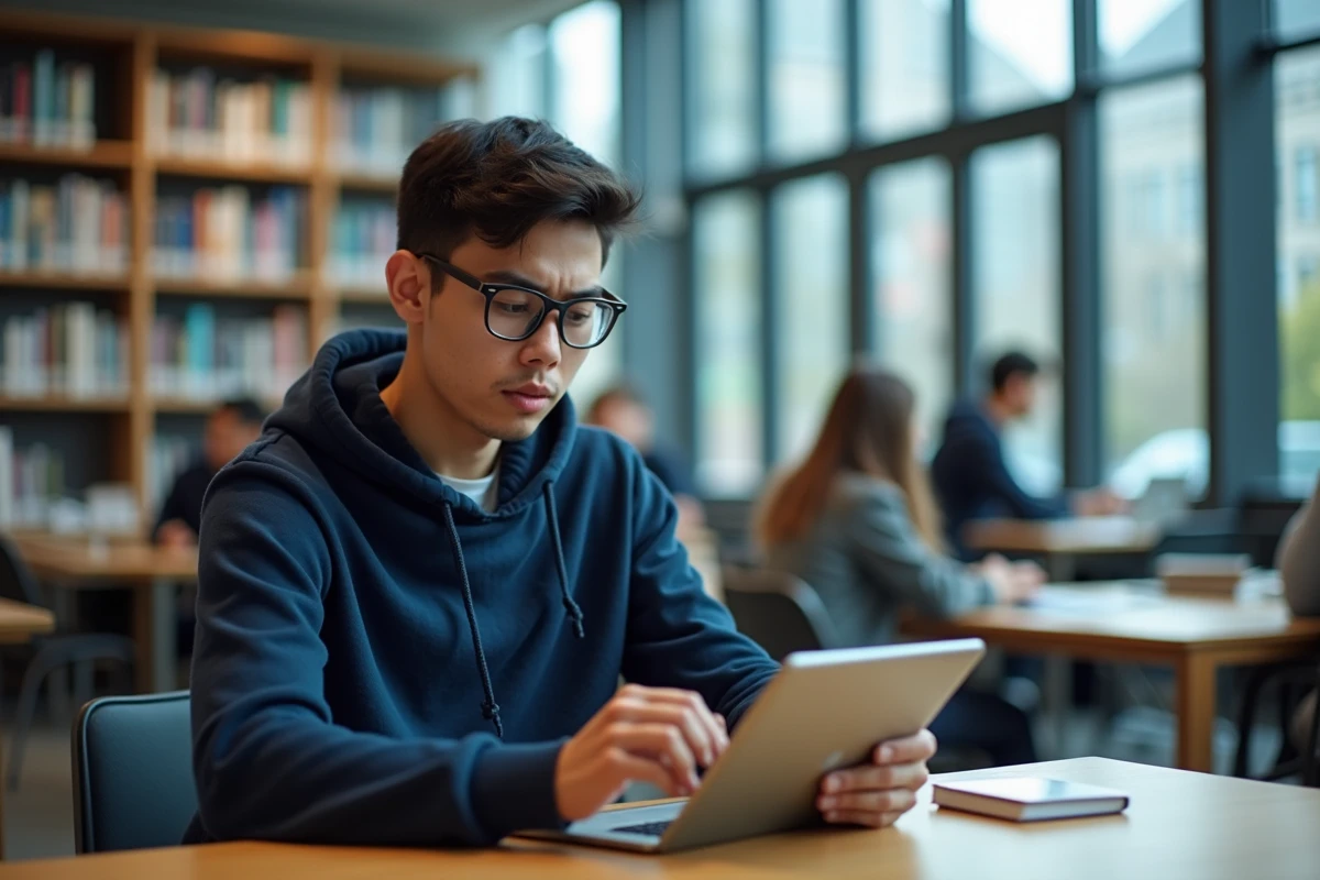 Étudiant universitaire vérifiant l'accès à son espace numérique éducatif dans une bibliothèque