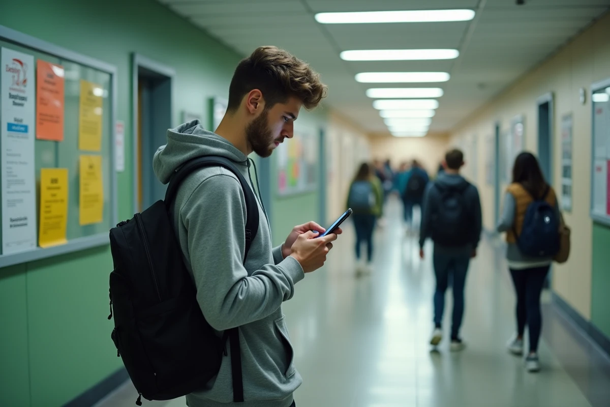 Étudiant consultant sa messagerie académique sur smartphone dans un couloir du campus d'Aix-Marseille