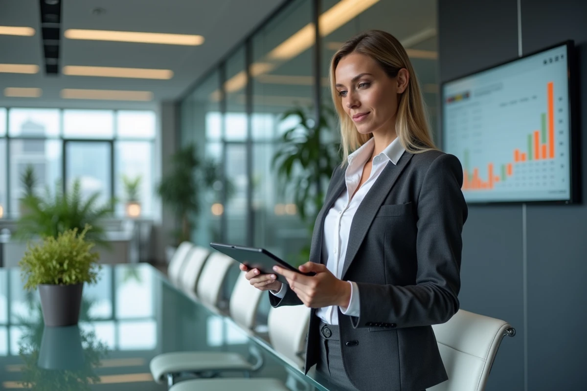 Femme d'affaires analysant des stratégies d'investissement et de gestion de patrimoine lors d'une réunion en entreprise moderne