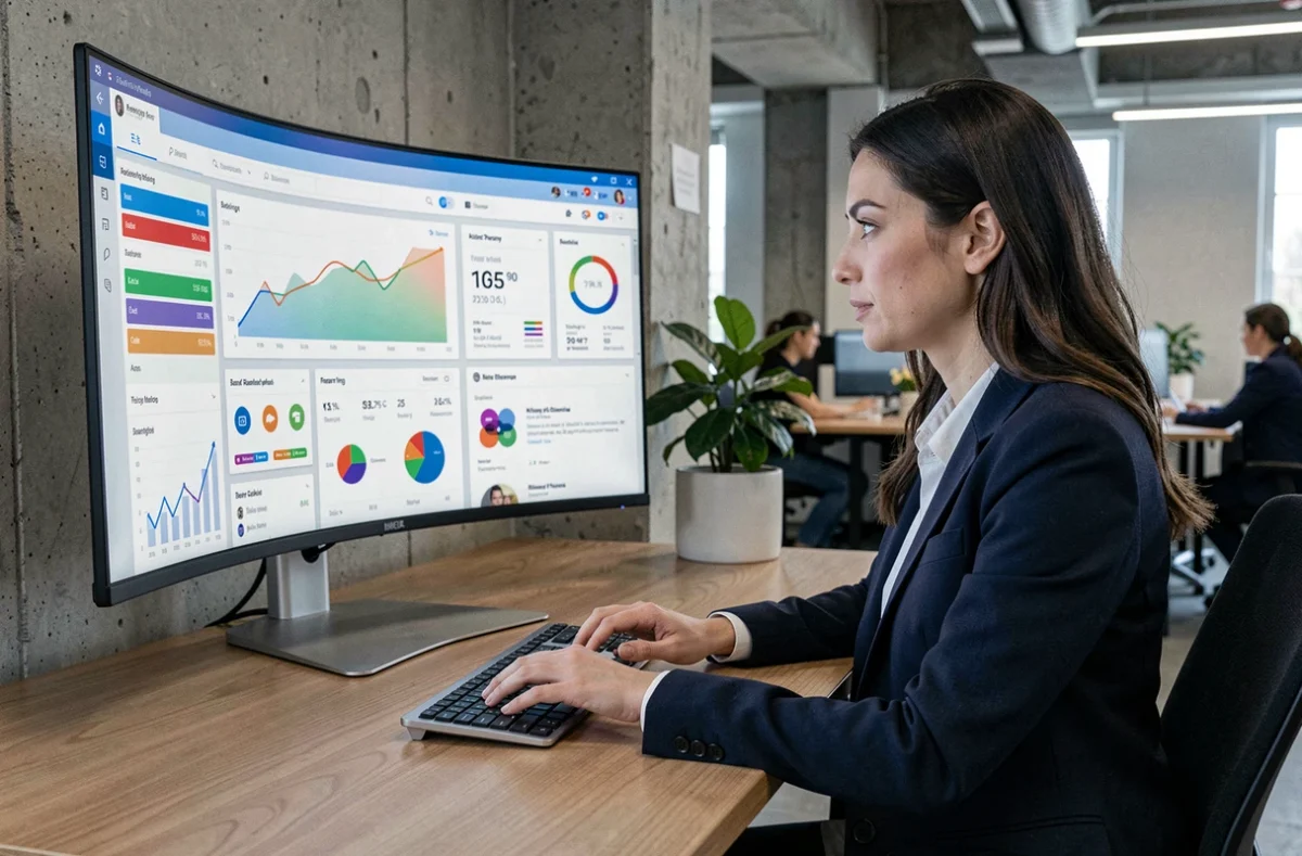 Femme professionnelle analysant des données de marketing digital sur un grand écran dans un bureau moderne