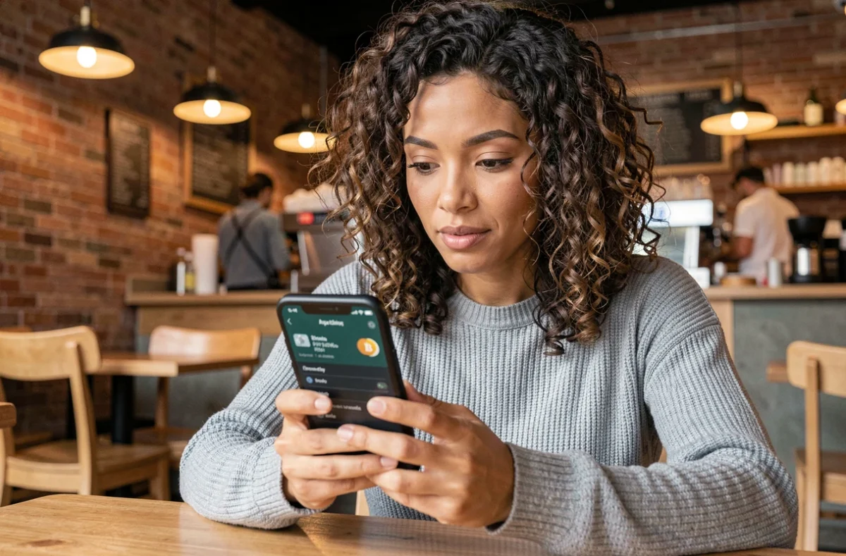 Femme consultant une application de portefeuille Bitcoin sur smartphone dans un café urbain