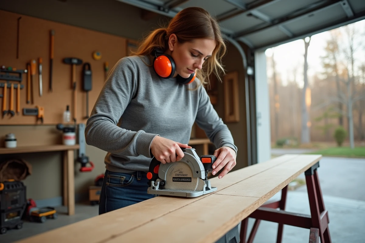 Femme bricolant avec une scie circulaire Black Decker CD601 sur un chevalet dans un garage atelier DIY domestique