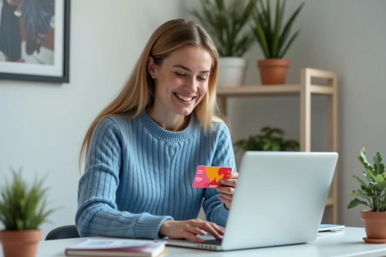 Femme souriante avec carte cadeau dans un bureau moderne