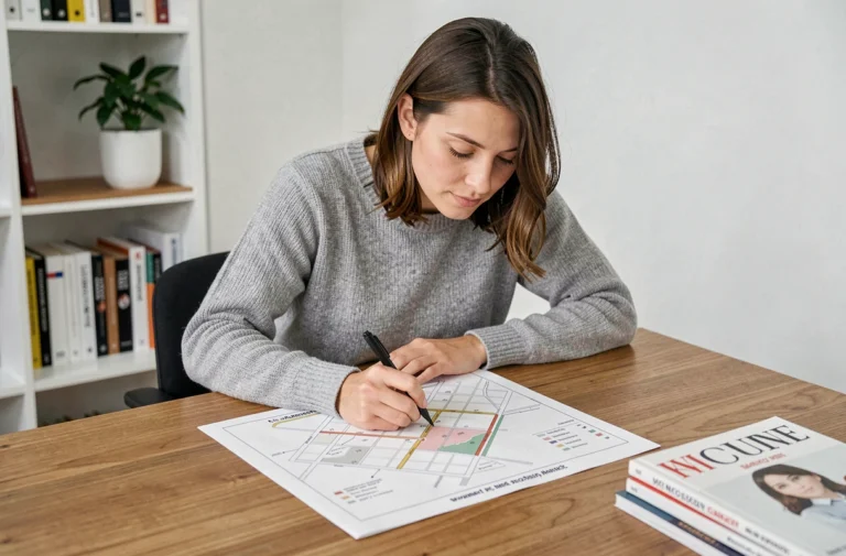 Femme consultant un plan de site imprimé sur un bureau en bois dans un bureau à domicile moderne