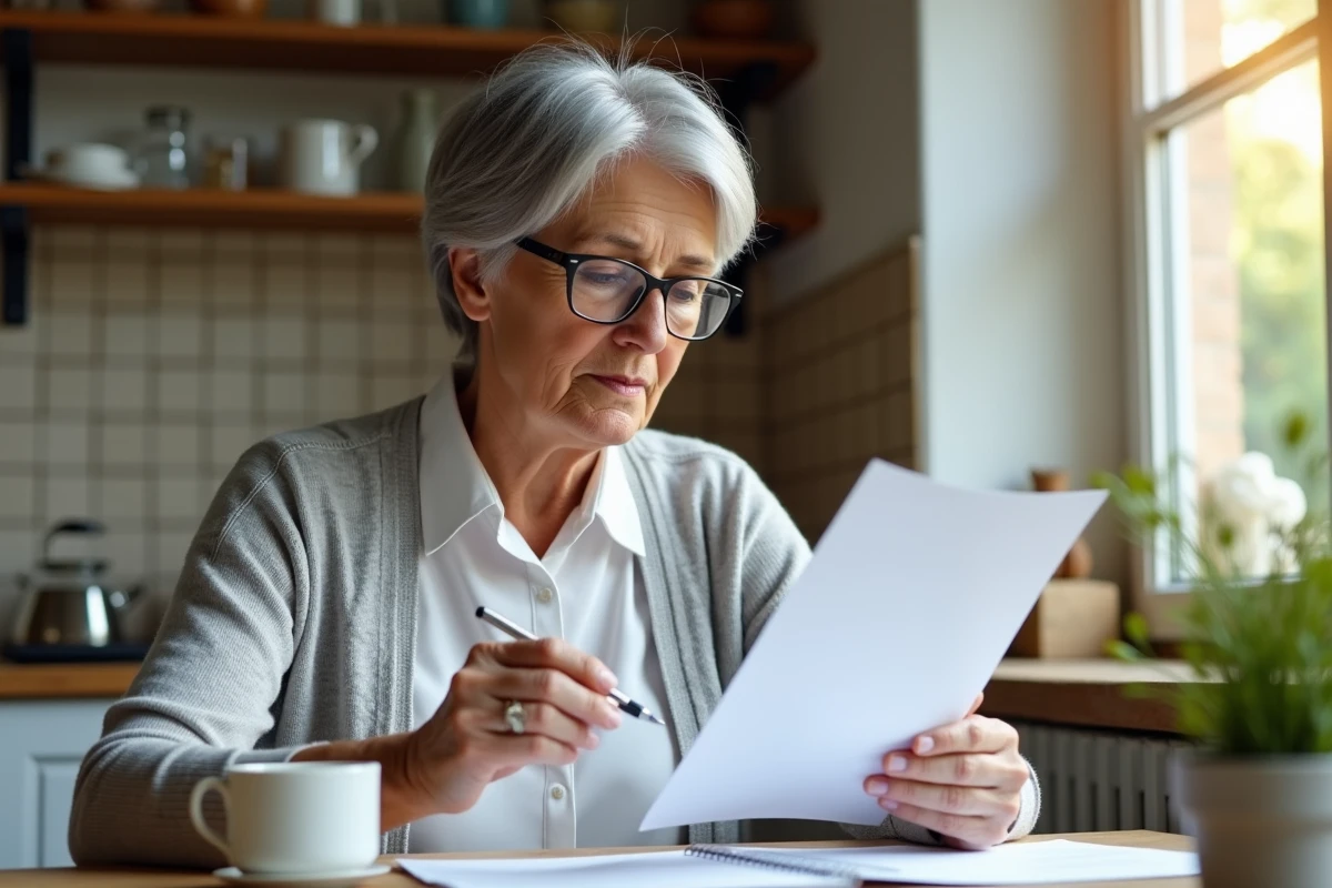 Une femme à la retraite anticipée consulte attentivement les documents relatifs au rachat de sa rente d'accident du travail à son domicile