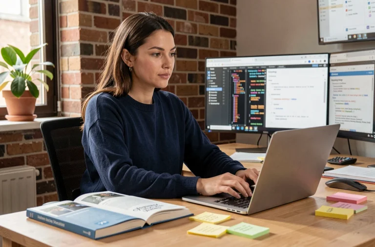 Femme développeuse utilisant des ressources tech numériques sur son ordinateur portable dans un bureau à domicile moderne en 2024