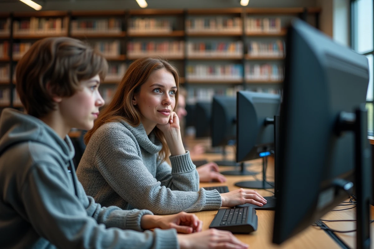 Femme expliquant des commandes Linux à un adolescent au library