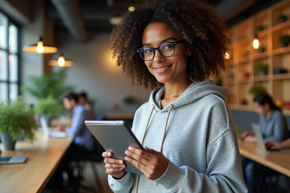 Femme geek lisant les dernières infos high-tech sur une tablette dans un espace de coworking animé