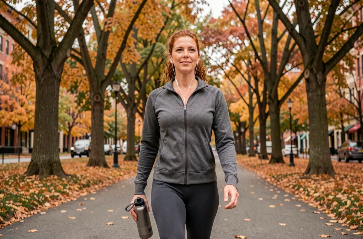 Femme marchant dans un parc urbain en automne dans le cadre d'un programme minceur sain et durable inspiré de la méthode Simon Cavallo