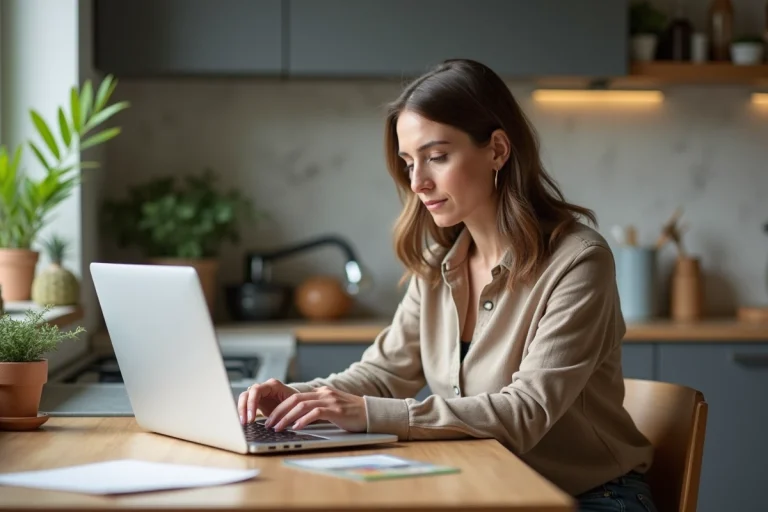 Femme utilisant un ordinateur pour comparer des services de rénovation maison