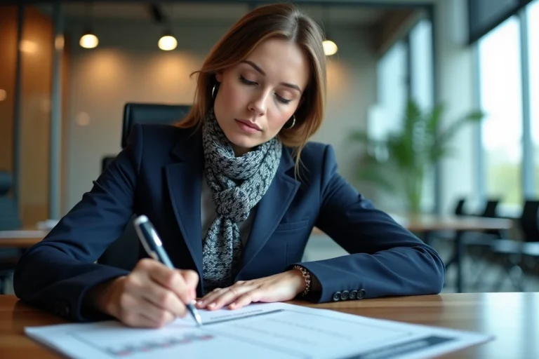 Femme professionnelle en réunion avec documents Convention 66