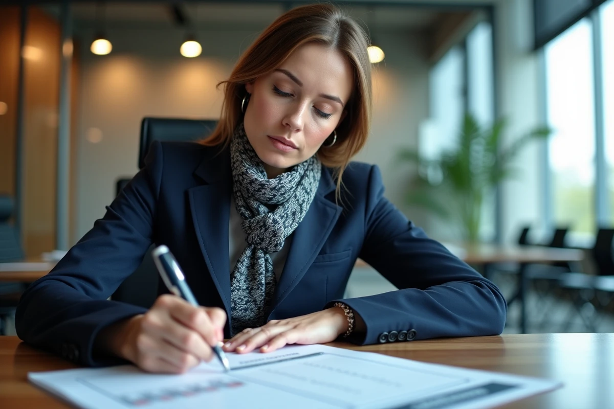 Femme professionnelle en réunion avec documents Convention 66