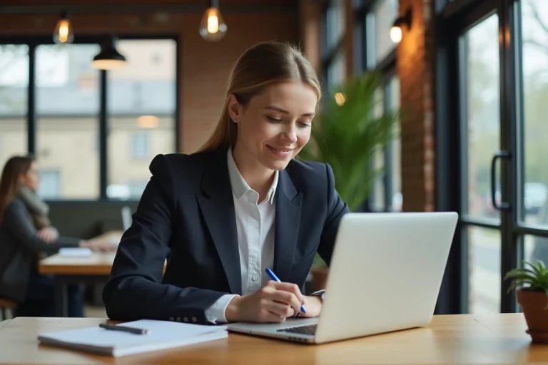 Femme professionnelle en coworking regardant son ordinateur